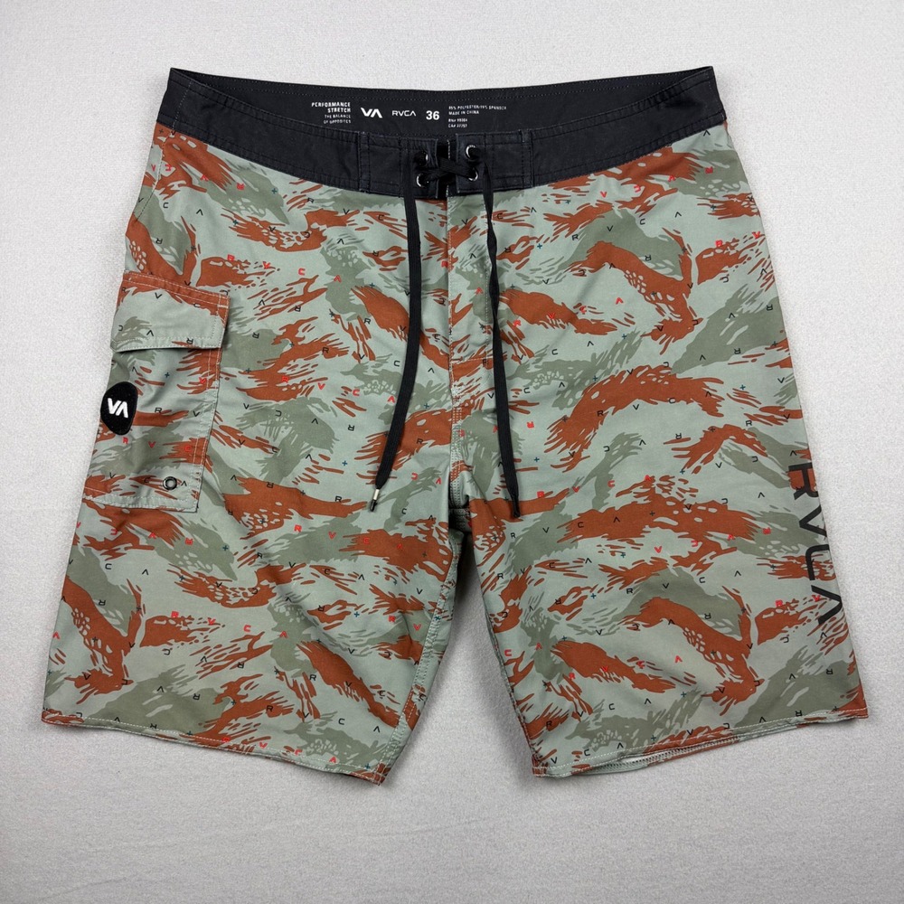 RVCA Men 36 Green Camo Performance Stretch Board Shorts Side Pocket Swim Trunks